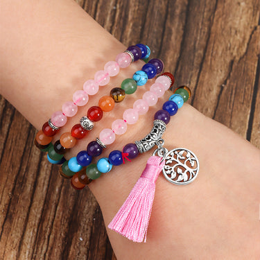 Tree of Life 7 Chakra Rose Quartz 108 Mala Beads Bracelet